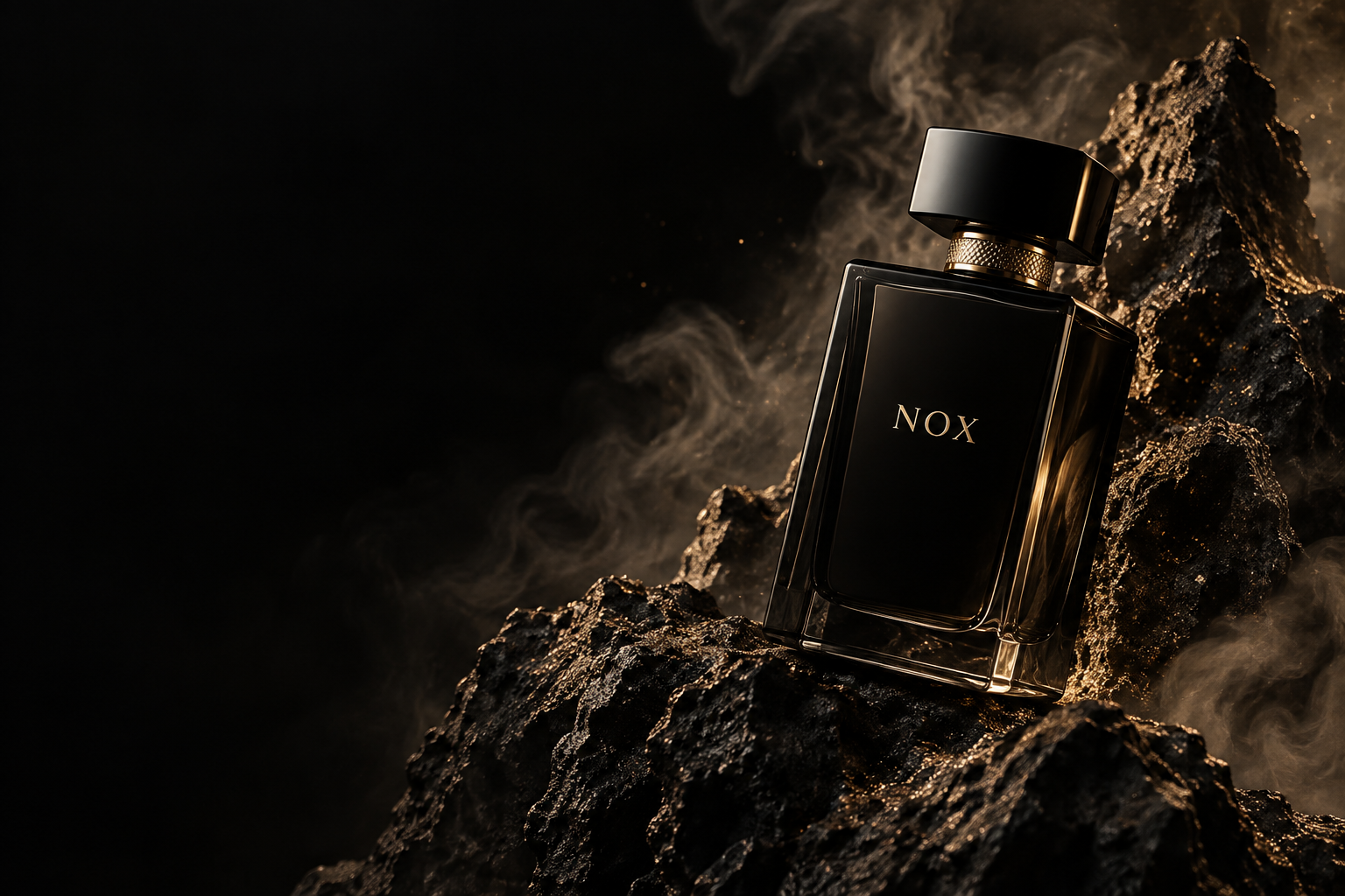 Frasco conceptual NOX negro con detalles dorados
